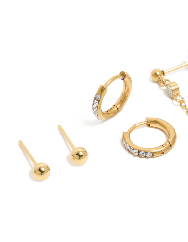 Waterproof Gold Plated Stainless Steel Bezel Stud & Chain Earrings 3-Pack