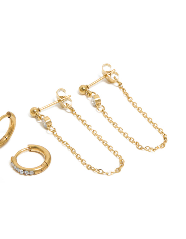 Waterproof Gold Plated Stainless Steel Bezel Stud & Chain Earrings 3-Pack