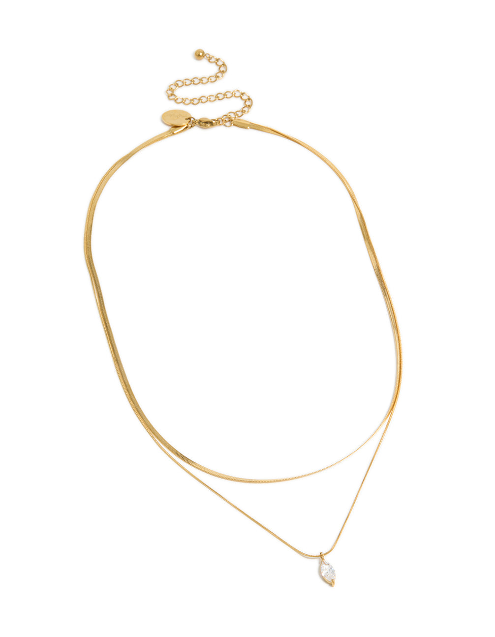 Featuring a waterproof layered necklace with marquise cut cubic zirconia pendant crafted from stainless steel in gold plated finish front view