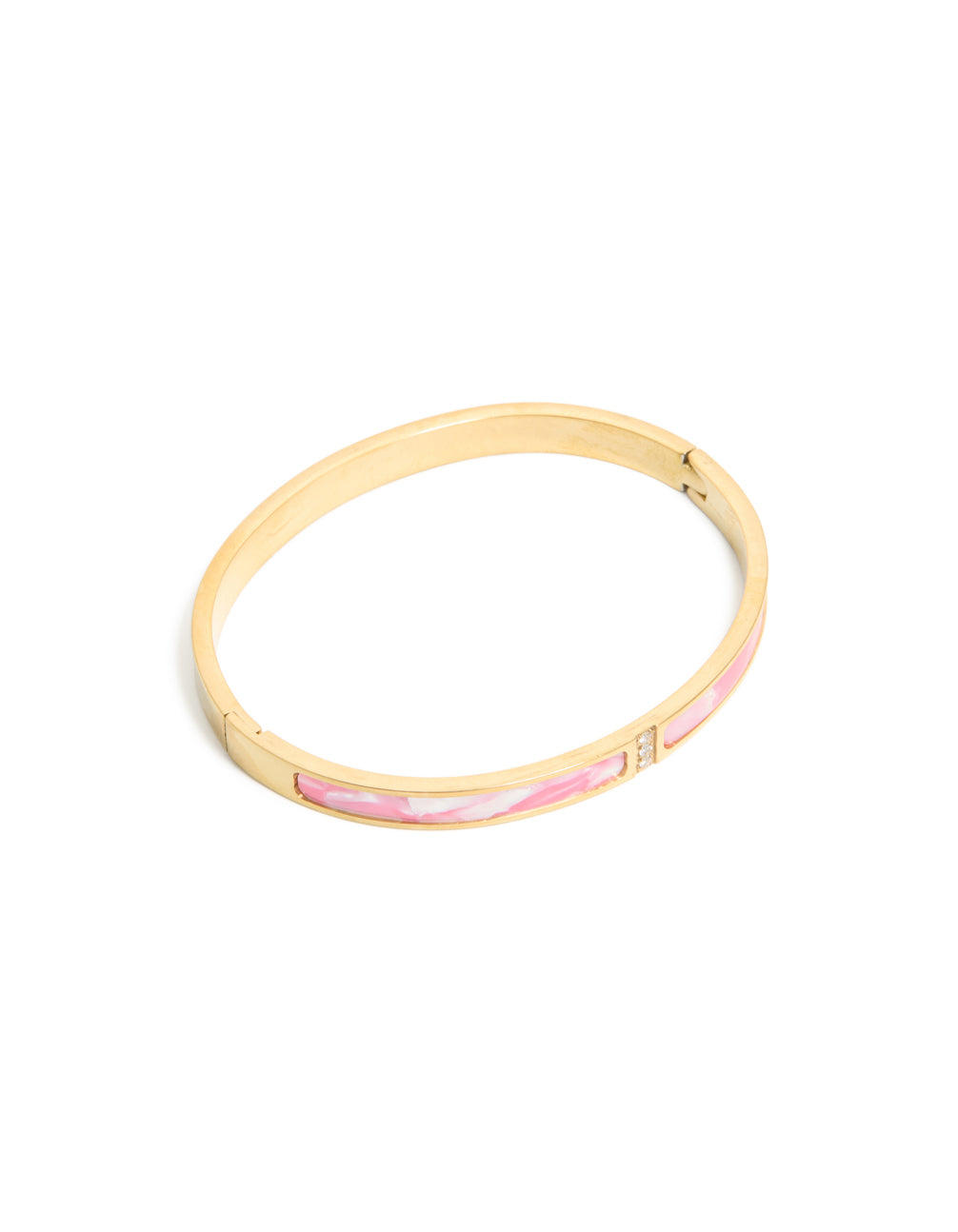Elegant waterproof gold plated stainless steel pink pearlised inlay hinged bangle in front view