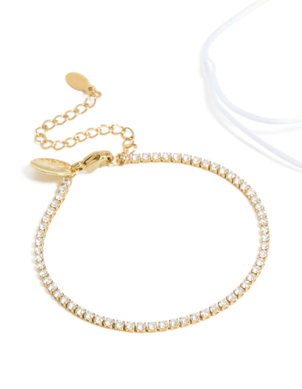 Waterproof Gold Plated Stainless Steel Cubic Zirconia Tennis & White Cord Bracelet Set