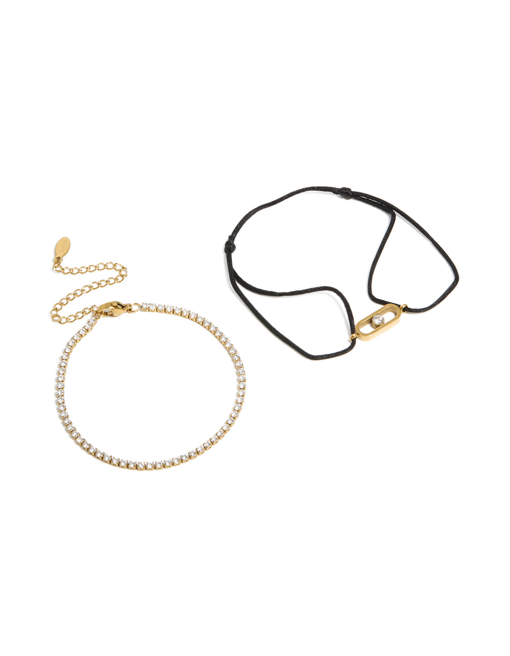 Stunning waterproof tennis bracelet set crafted from gold plated stainless steel with cubic zirconia and black cord in a statement style in front view