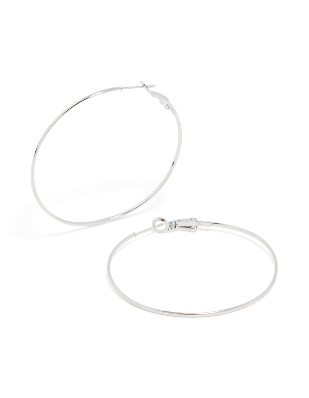 Featuring surgical steel fine hoop earrings in silver, 50 MM front view