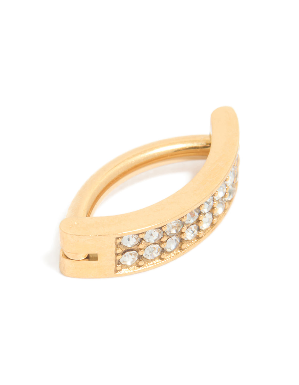 Highlighting a gold plated titanium belly ring with curved design and cubic zirconia cluster side view