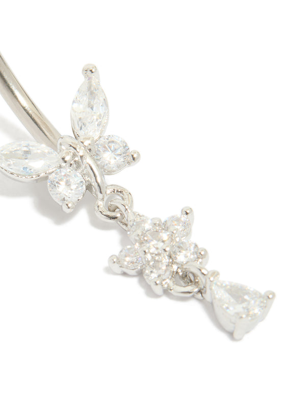 Titanium Cubic Zirconia Butterfly & Flower Belly Bar