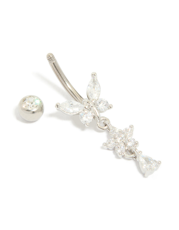 Titanium Cubic Zirconia Butterfly & Flower Belly Bar
