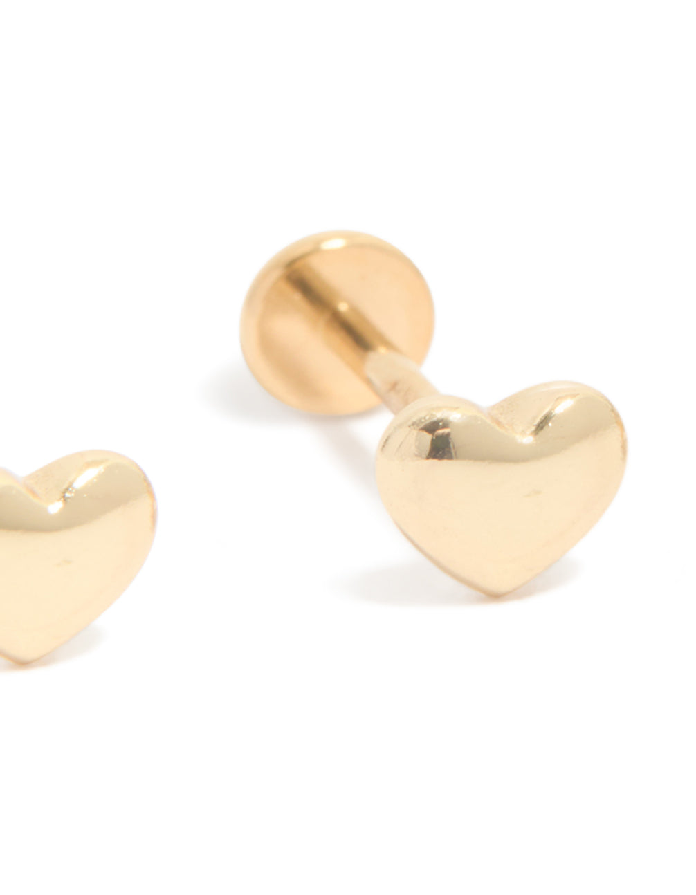 Crafted from gold plated titanium, these heart flat back studs in a post detail view