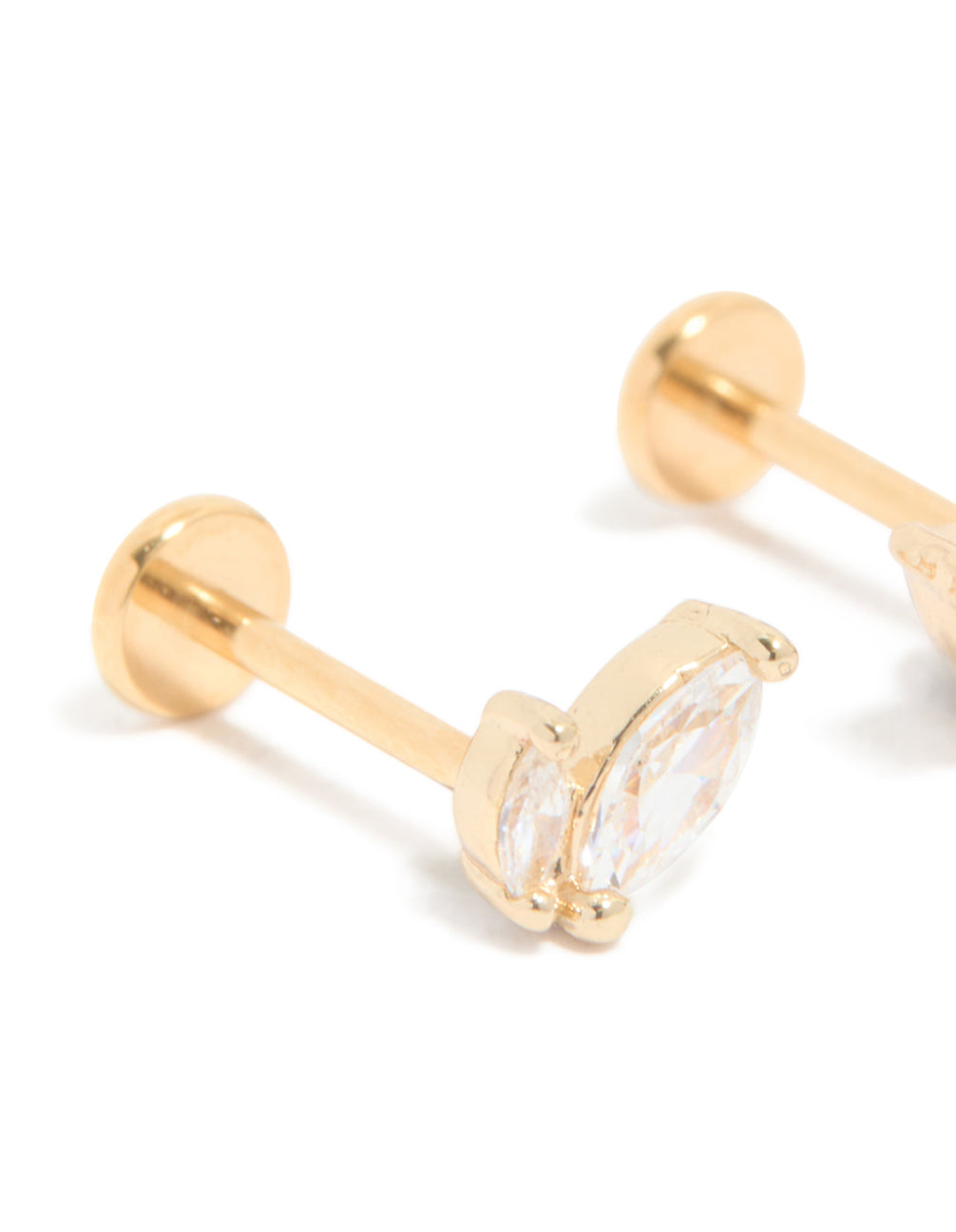 These marquise cubic zirconia stud earrings feature gold plated titanium construction with flat back closure in a close up view
