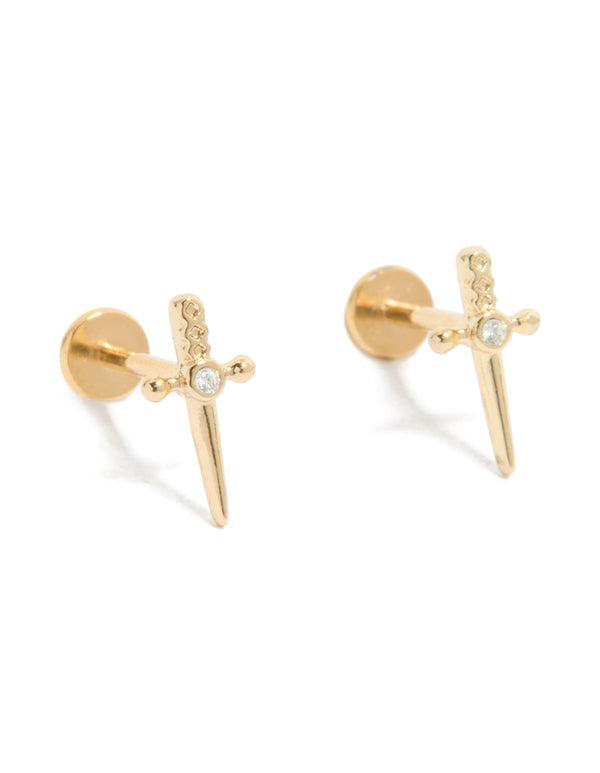 Gold Plated Titanium Cubic Zirconia Dagger Flat Back Studs