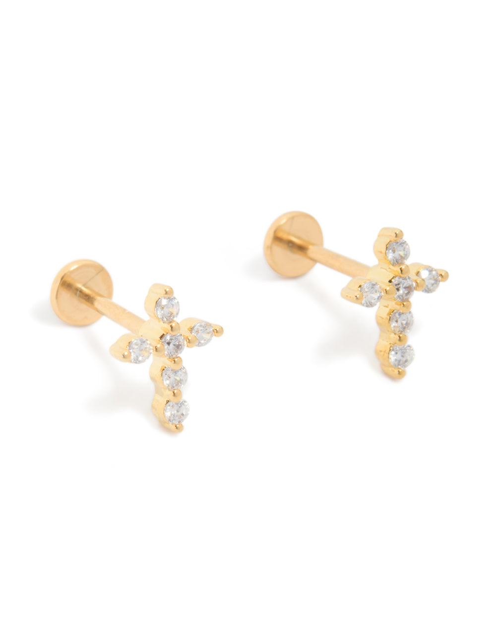 Discover these gold plated titanium and cubic zirconia cross studs with flat back in a front view