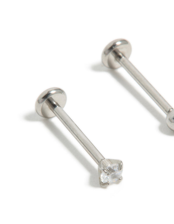 Presenting titanium cubic zirconia threadless flat back nose studs featuring a ball in silver with a dainty styling close up view