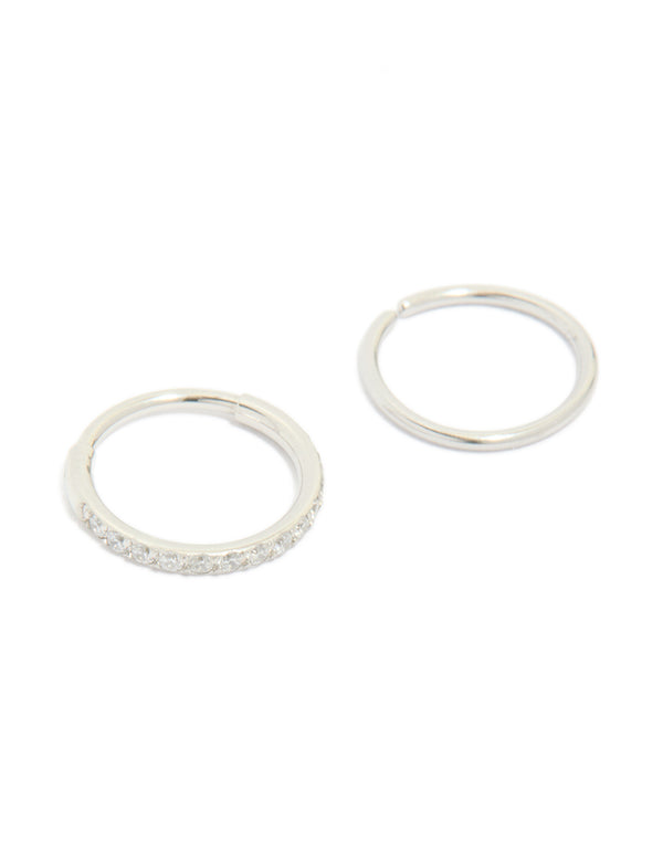 Beautifully designed surgical steel cubic zirconia hinged and plain nose rings in a 2-pack featuring diamond accents and silver finish front view
