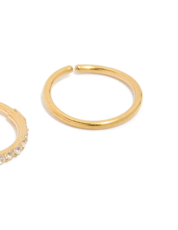 Gold Plated Surgical Steel Cubic Zirconia Hinged & Plain Nose Rings 2-Pack