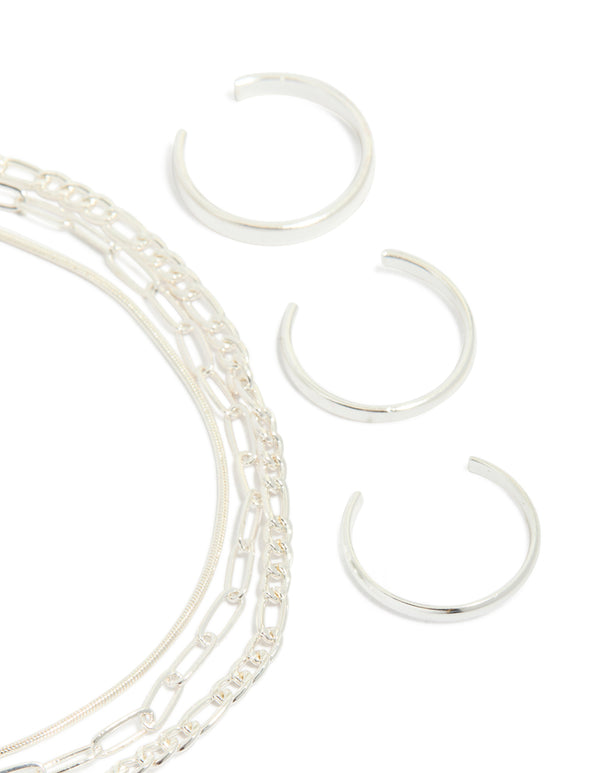 Silver Smooth Chain Anklet & Toe Rings Pack