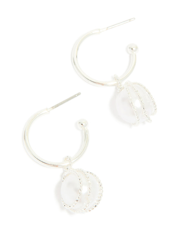 Silver Pearl Wire Wrapped Hoop Earrings