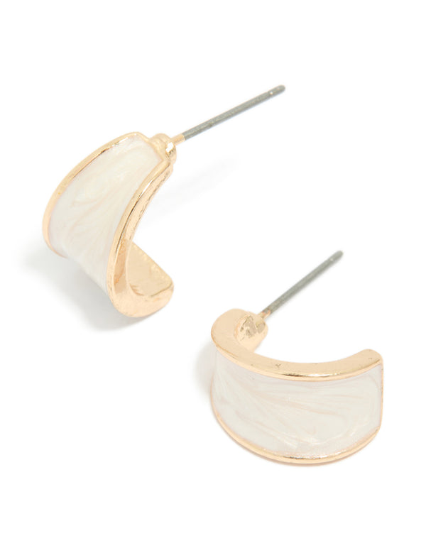 Gold White Marbled Open Hoop Earrings