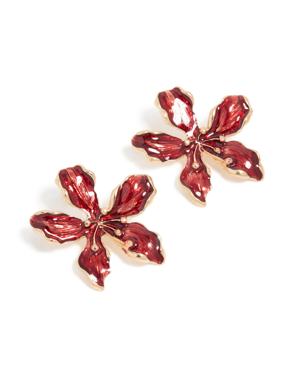 Showcasing dainty statement gold stud earrings with floral pattern in crimson and maroon hues with a front view