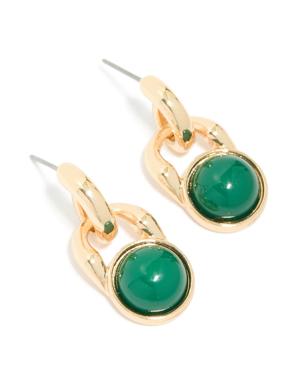 Gold Dark Green Stone Round Doorknocker Stud Earrings