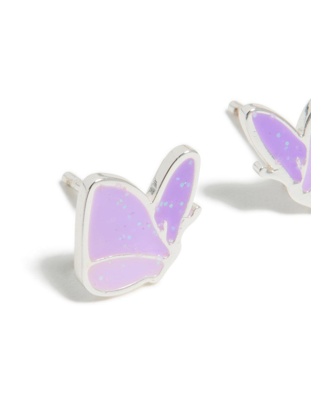 Designed with waterproof stainless steel purple butterfly kids stud earrings featuring glitter in medium orchid lavender and silver close up view