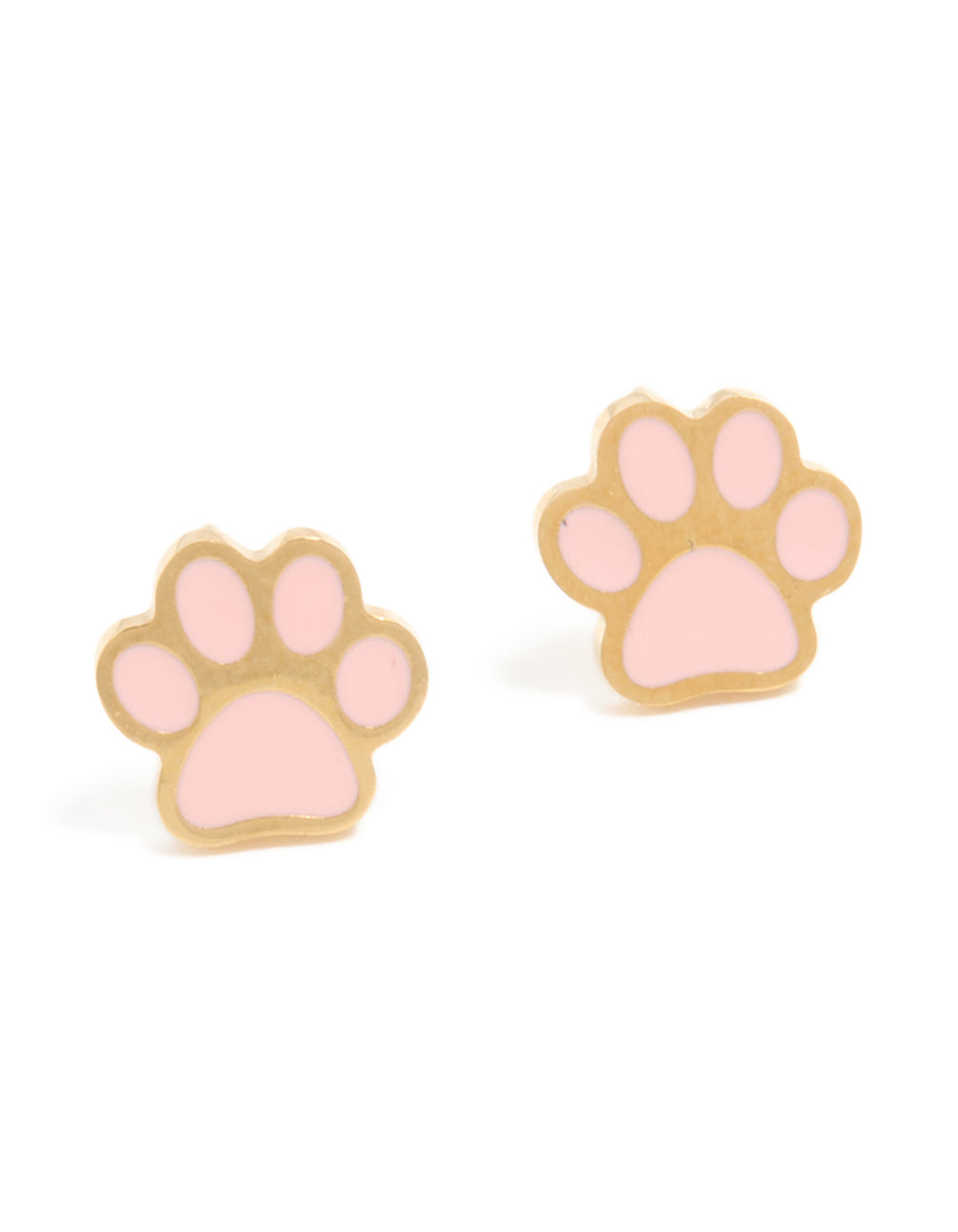 Designed for kids, these waterproof gold plated stainless steel paw stud earrings in light pink and gold colors with a front view