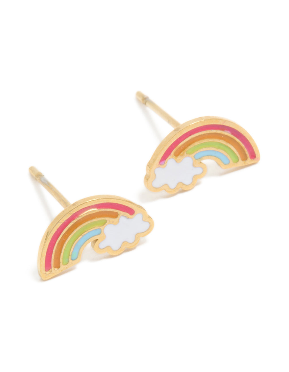 Showcasing kids waterproof stainless steel rainbow stud earrings with celestial feature in colorful enamel and gold plated finish front view