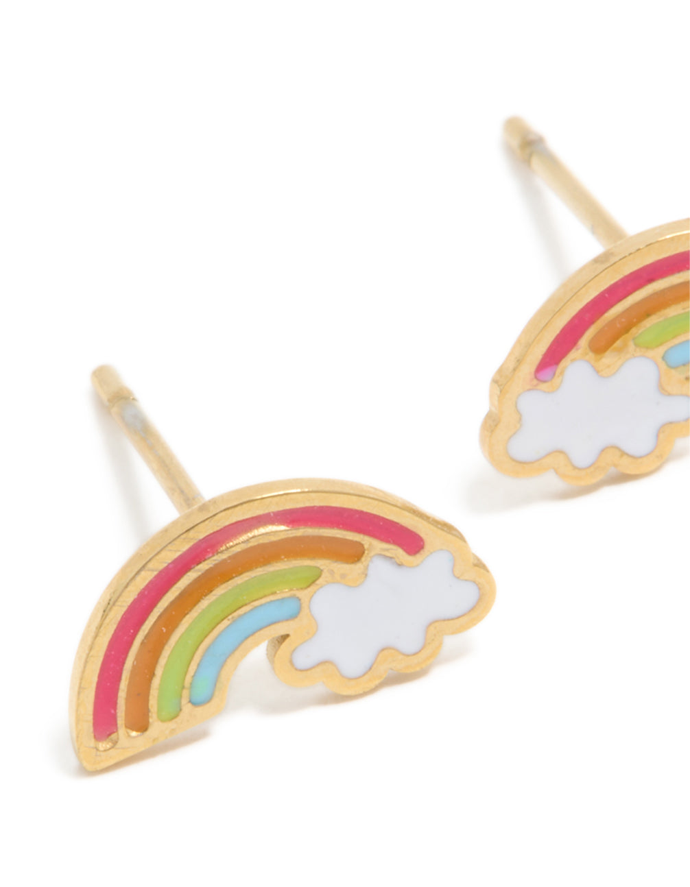 Discover kids waterproof stainless steel rainbow stud earrings with celestial feature in gold plated and colorful enamel finish close up view