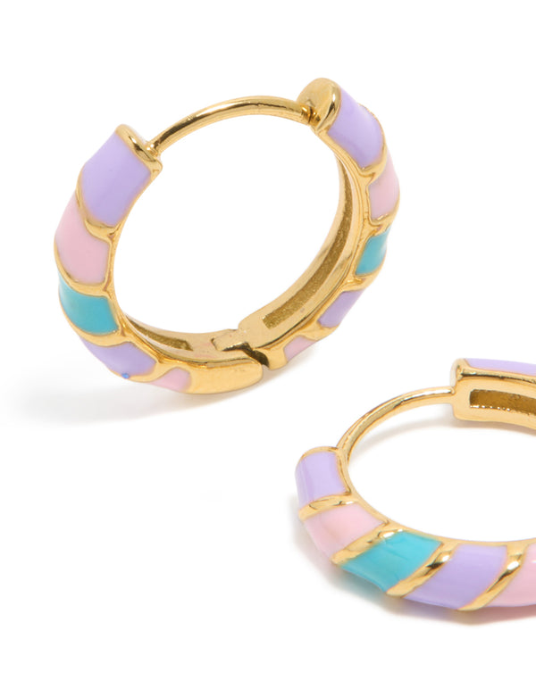 Kids Waterproof Gold Plated Stainless Steel Striped White & Purple Enamel Huggie Earrings