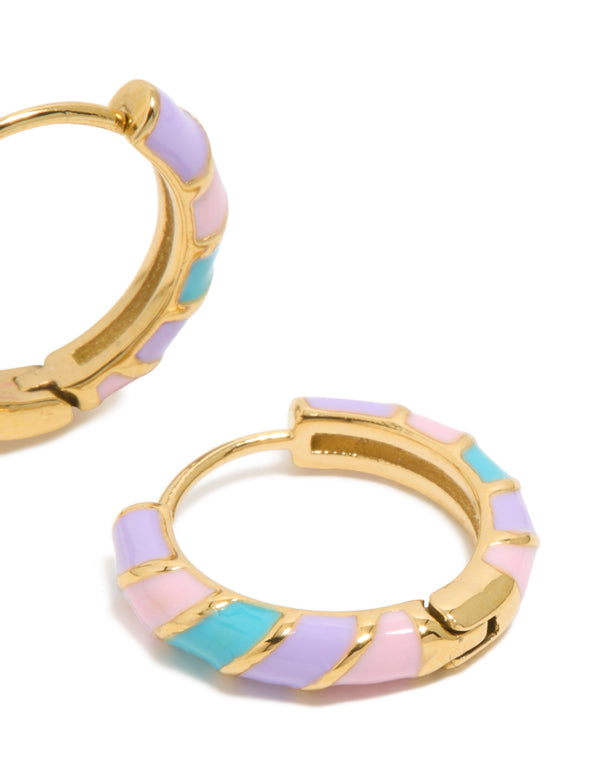Kids Waterproof Gold Plated Stainless Steel Striped White & Purple Enamel Huggie Earrings