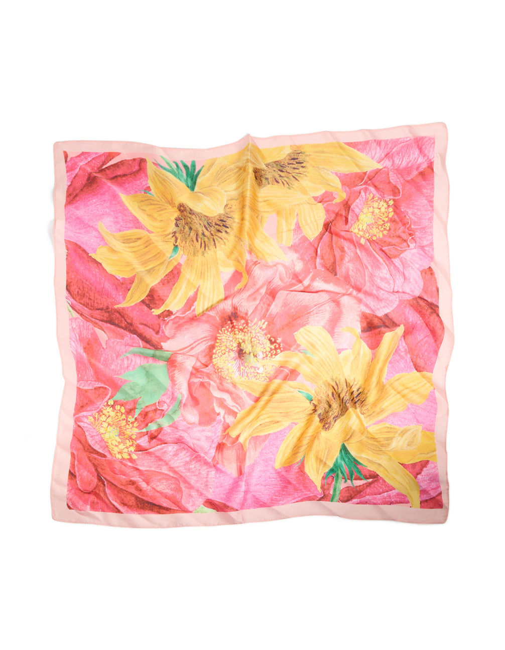 Beautifully crafted multicoloured statement fabric flower print scarf in coral, gold, light pink, and green detail view