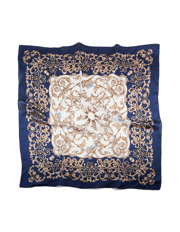 Dark Blue & White Baroque Flower Polyester Fabric Scarf
