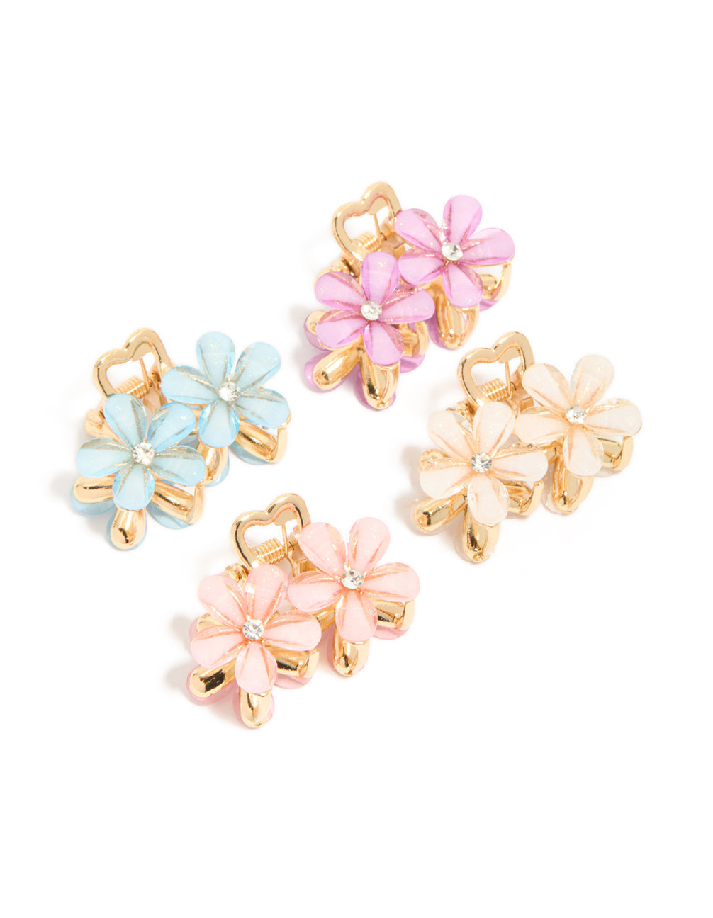Featuring gold double flower diamante claw clips in a 4-pack with floral design clasp and pink, light blue, peachpuff accents side view