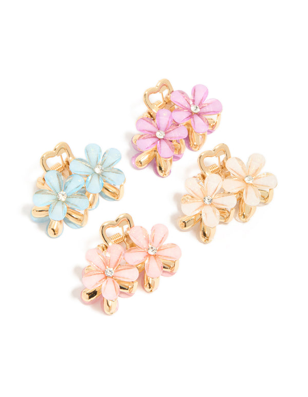 Gold Double Flower Diamante Claw Clips 4-Pack