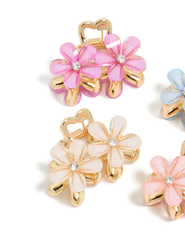 Gold Double Flower Diamante Claw Clips 4-Pack