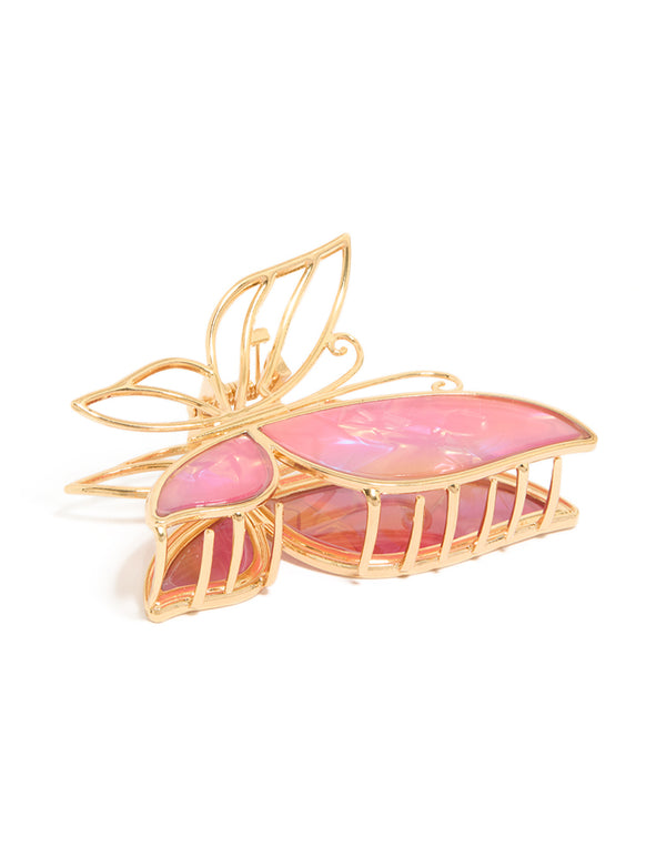 Gold & Pink Acrylic Butterfly Claw Clip