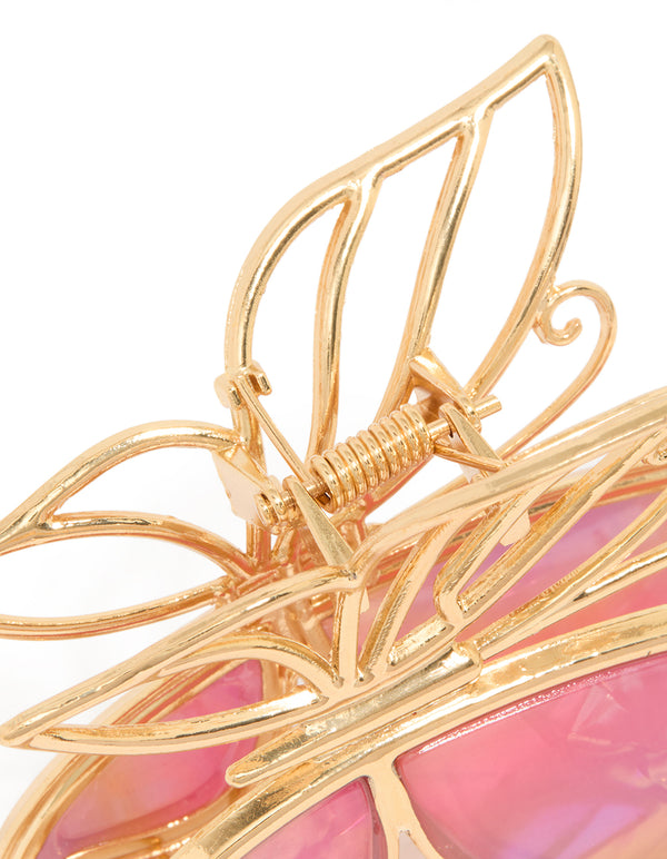Gold & Pink Acrylic Butterfly Claw Clip