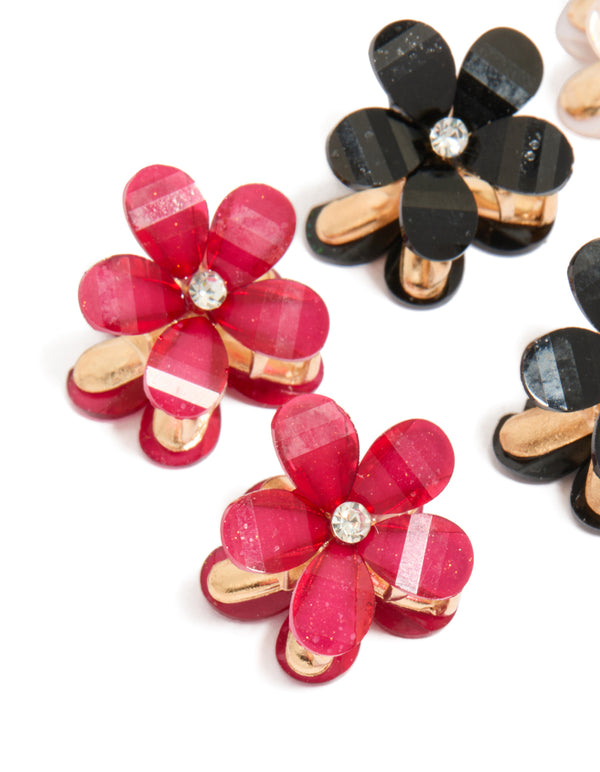 Gold Diamante Pink & Black Mini Flower Claw Clips 6-Pack