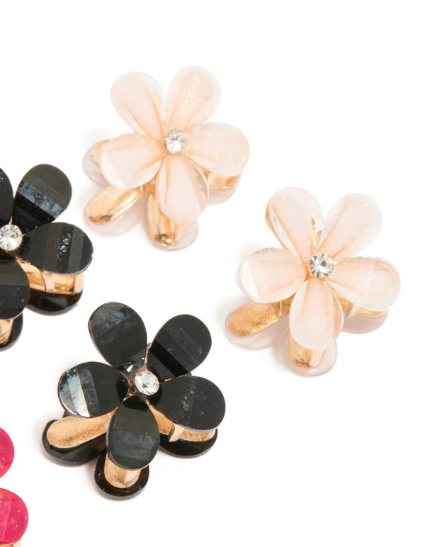 Gold Diamante Pink & Black Mini Flower Claw Clips 6-Pack