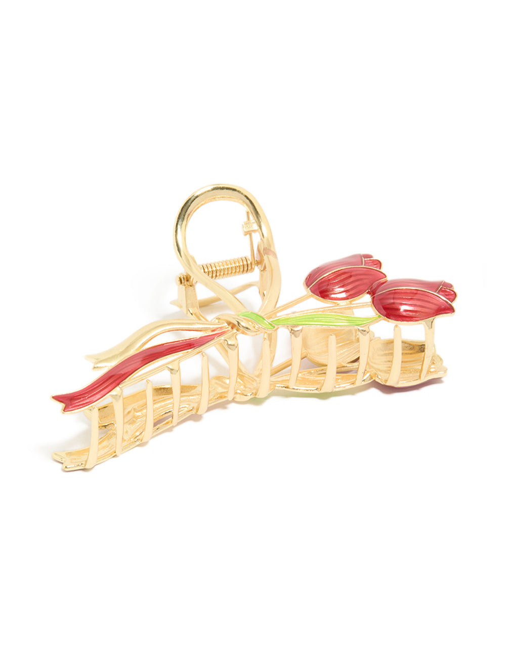 Beautifully crafted gold red tulips ribbon claw clip featuring floral accents in green front view