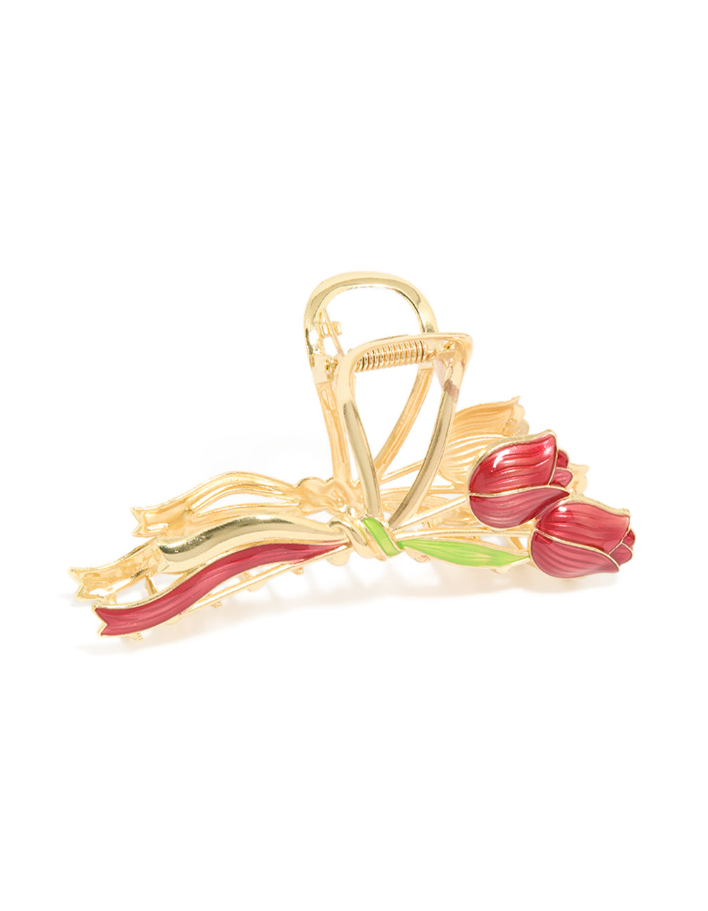 Showcasing gold red tulips ribbon claw clip featuring floral accents in green side view