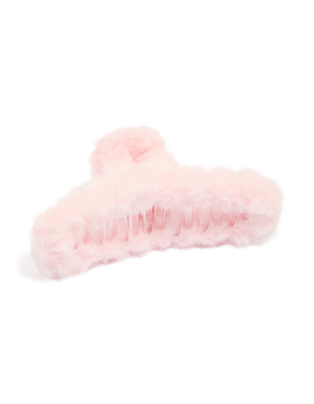 Showcasing a pink faux fur fabric claw clip side view