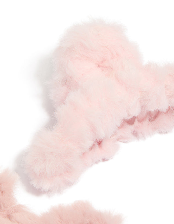 Explore pink faux fur fabric small claw clips 2-pack side view
