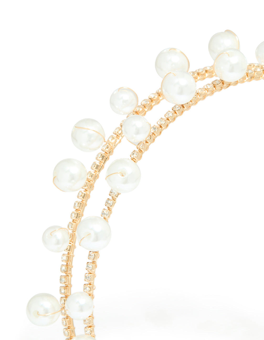 Featuring a gold scattered pearl double headband with white accents in a statement style detail view