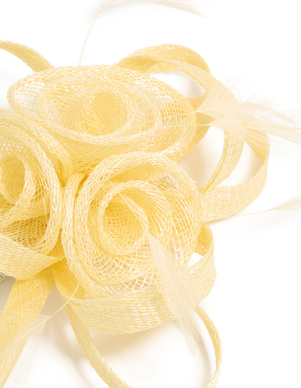 Yellow Sinamay Fabric Swirl & Feather Hair Clip