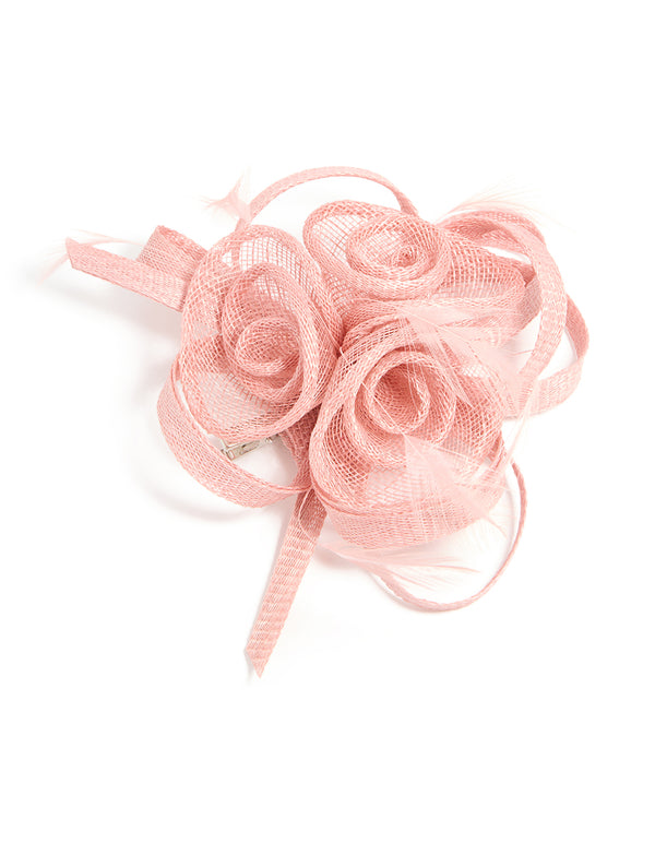 Pink Sinamay Fabric Swirl & Feather Hair Clip