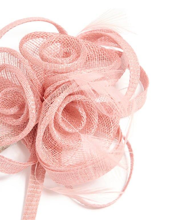Pink Sinamay Fabric Swirl & Feather Hair Clip