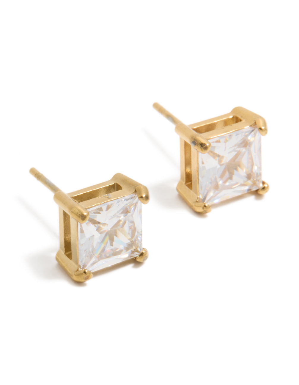 Mens Waterproof Gold Plated Stainless Steel Large Square Cubic Zirconia Stud Earrings