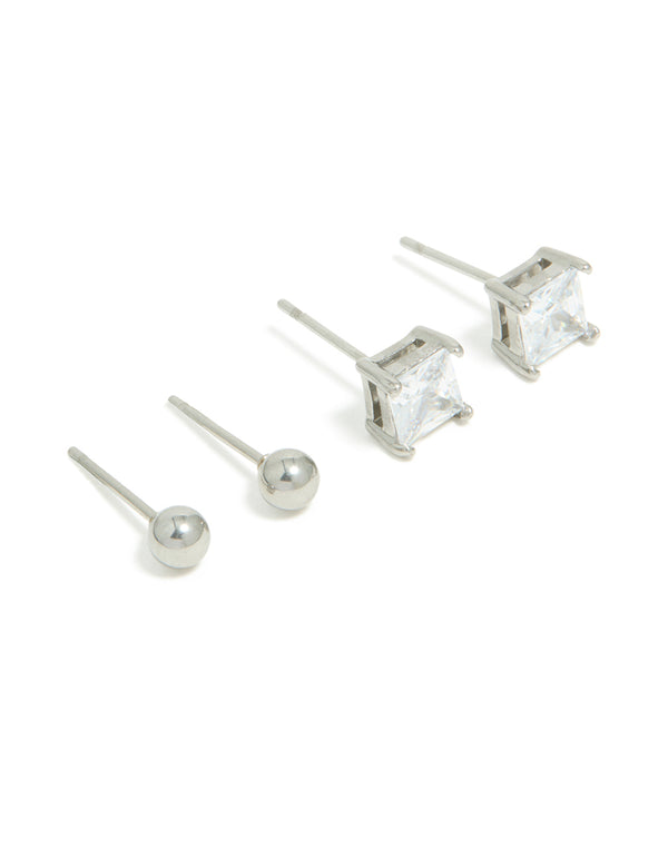 Mens Waterproof Stainless Steel Square Cubic Zirconia & Ball Earrings 2 Pack