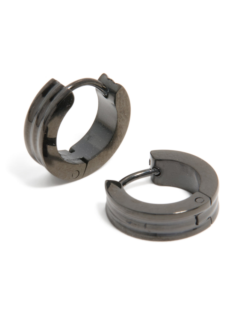 Mens Waterproof Black Coated Stainless Steel Ribbed Huggie Earrings
