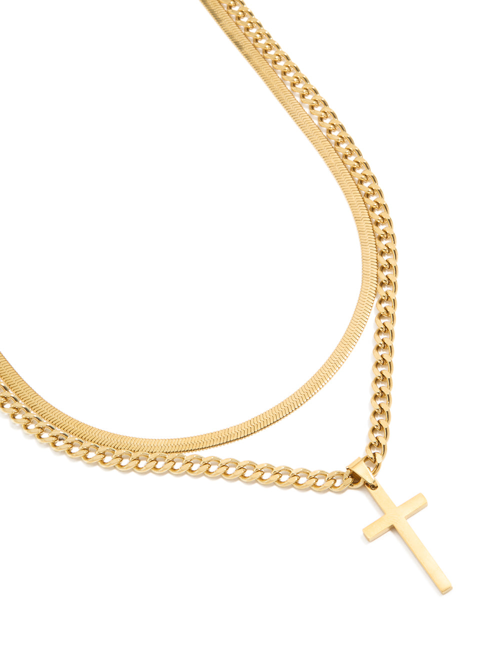 Showcasing a men's waterproof snake chain layered necklace with a cross pendant crafted from gold plated stainless steel close up view