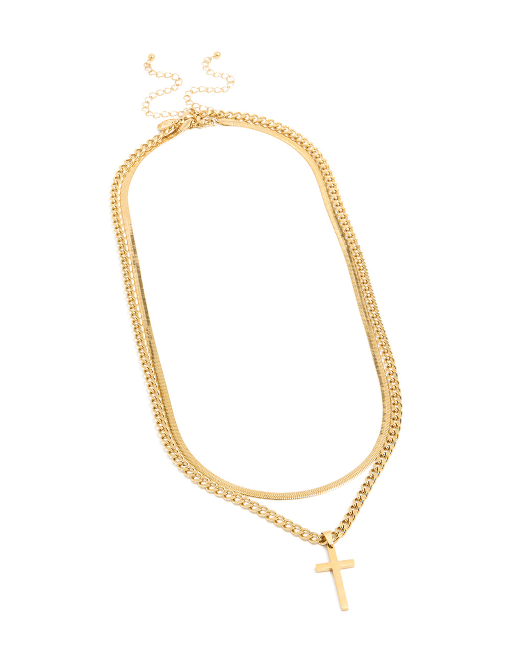 Featuring men's waterproof layered necklace with a cross pendant and snake chain designed in gold plated stainless steel front view